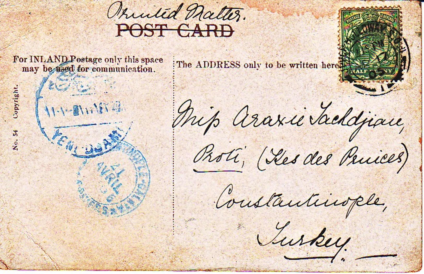 GRANDE BRETAGNE : 1905 - Carte Postale Pour La Turquie - Imprimé - Storia Postale