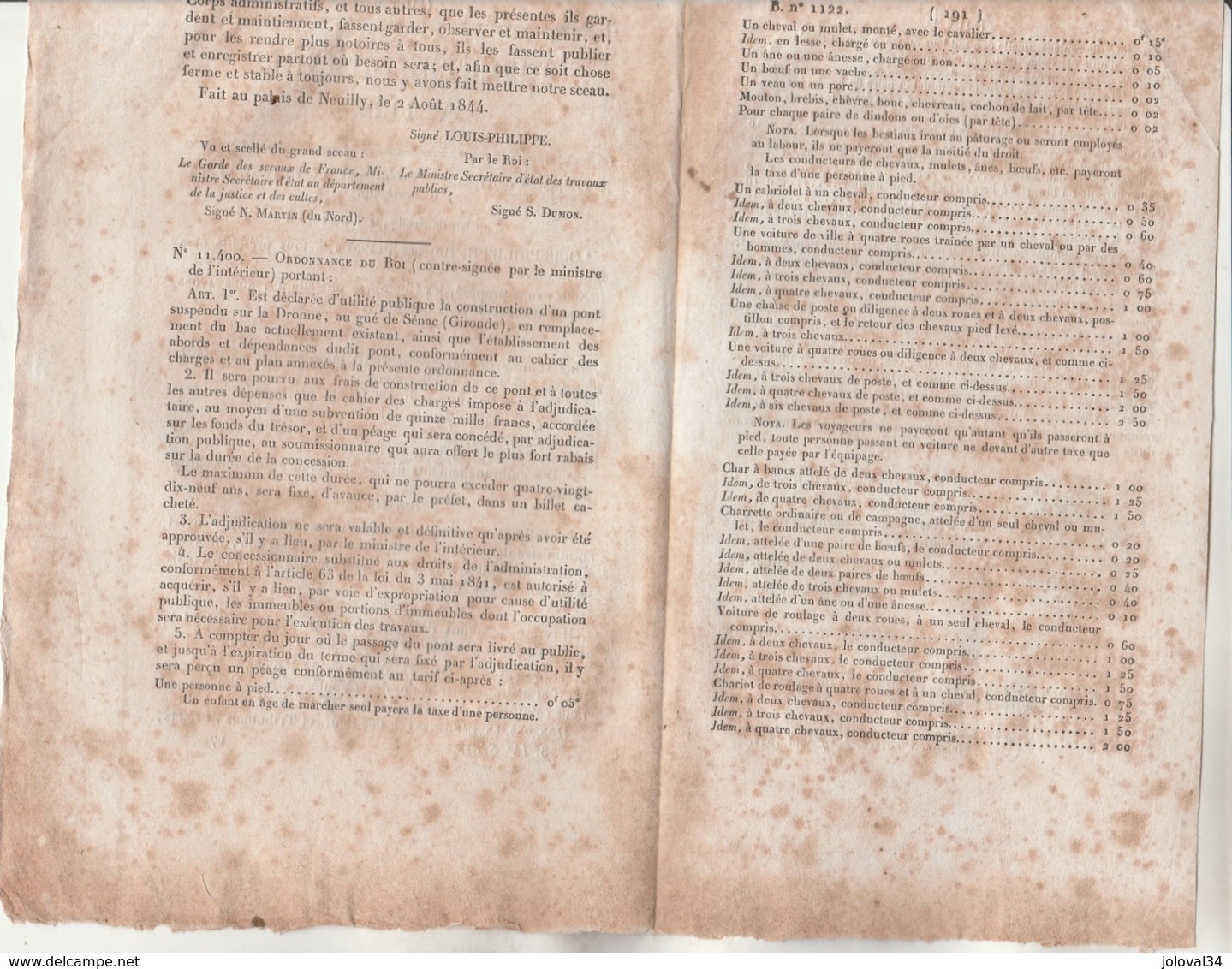 Bulletin Des Lois 1122 De 1844 Ordonnance Chemin De Fer Paris Strasbourg - Pont Suspendu Sénac Gironde - 4 Pages - Décrets & Lois