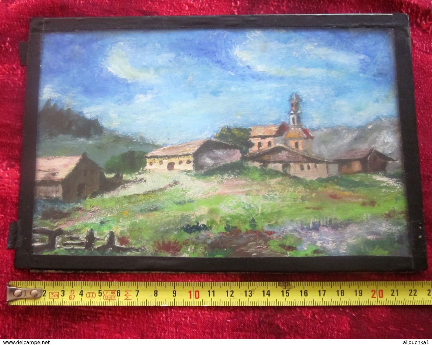 Autres Collections Art & Antiquités  Petit Tableau Sous Verre Peinture à L'Huile Maisons Dans Village De France Clocher - Olii