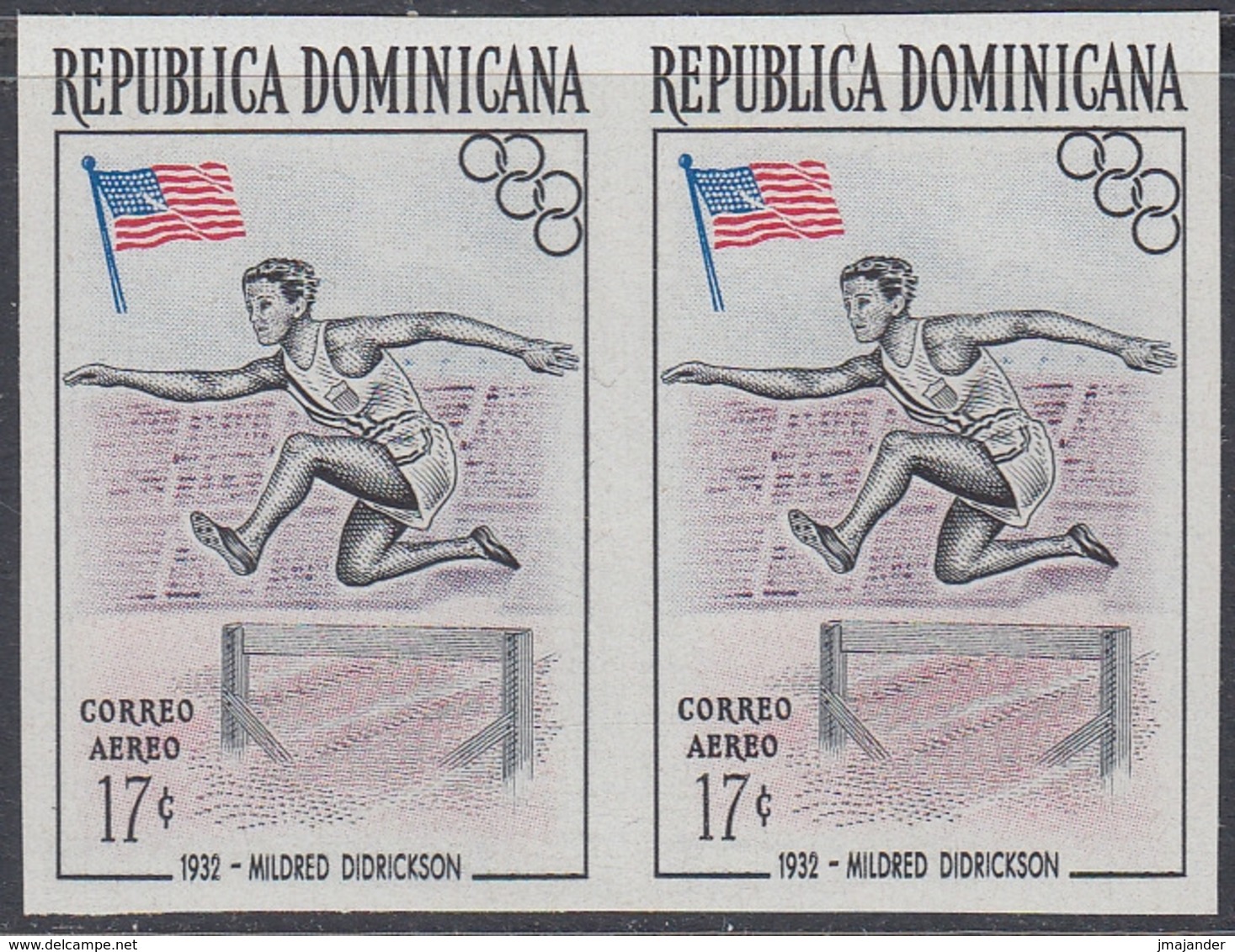 Dominican Republic 1957 - Olympic Games In Melbourne: Didrickson, Hurdling, Athletics - Imperforate Pair Mi 567 ** MNH - Sommer 1956: Melbourne