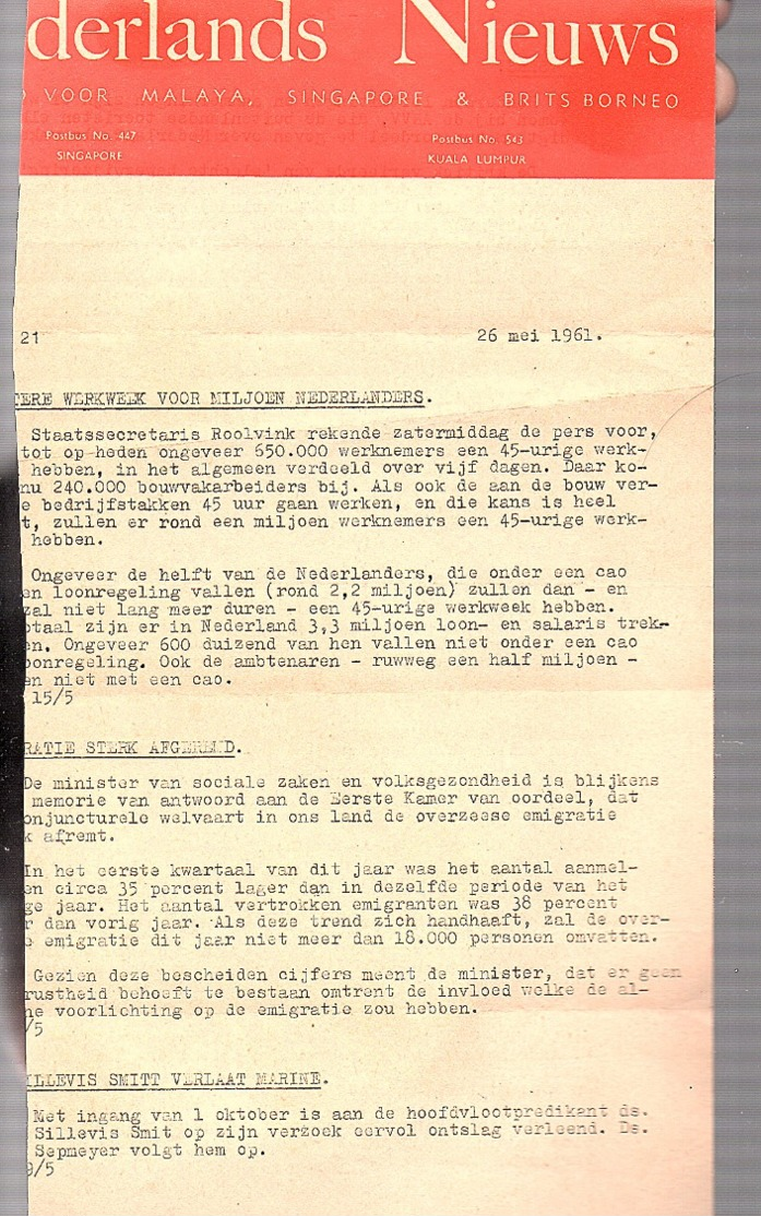 1961 Newsletter For Dutch In Singapore, Malaysia Borneo (partly Cut) ANVV, Emigration P.C. Hoofdprijs (FK-70) - Other & Unclassified