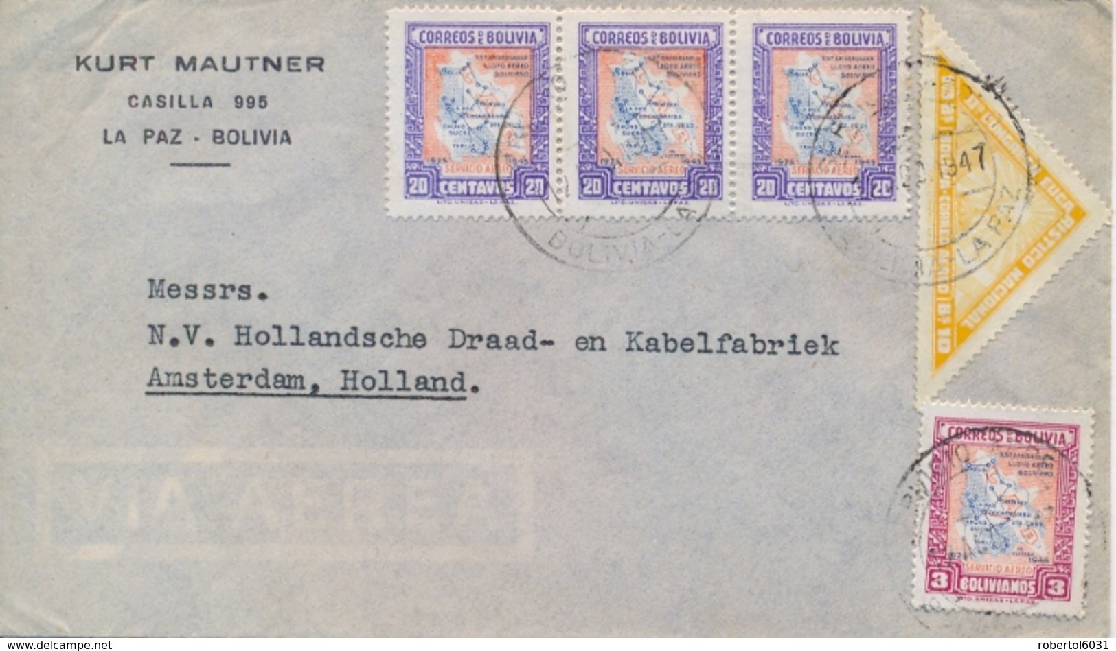 Bolivia 1947 Airmail Cover To Netherlands With Airmail Stamps 3 X 20 Cts + 3 Bol. + 10 Bol. Eucharistic Congress - Bolivia