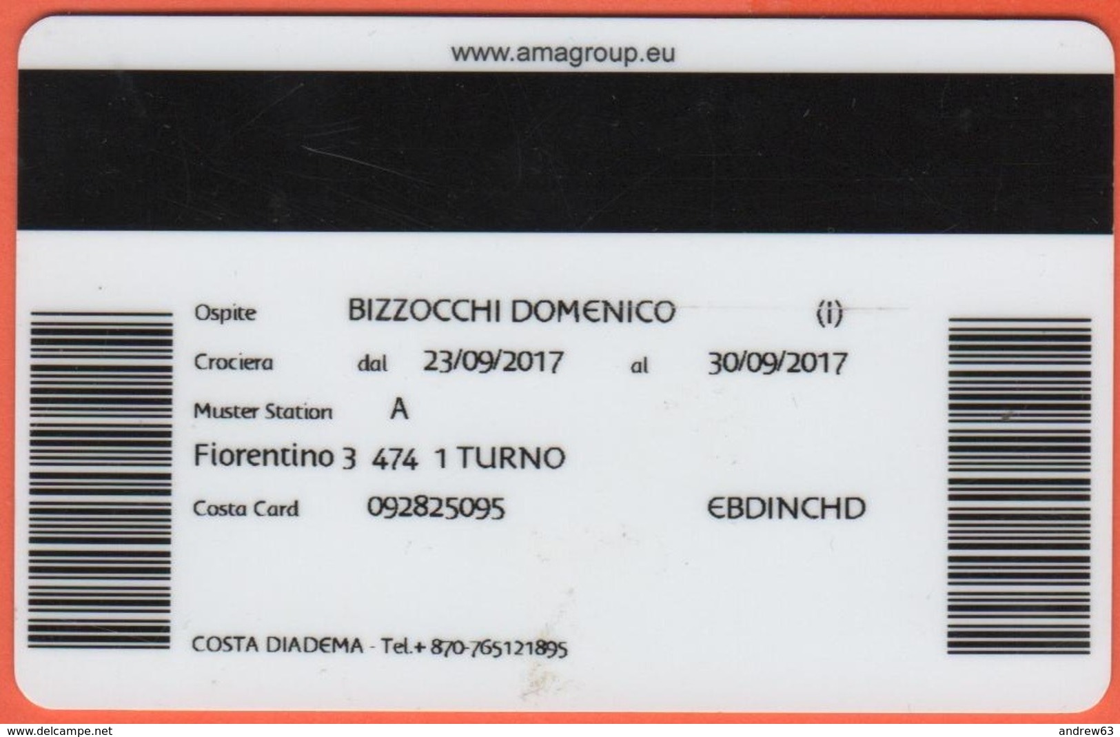 ITALY - COSTA - DIADEMA - CRUISE CABIN KEY CARD - Fiorentino Restaurant - Cartas De Hotels