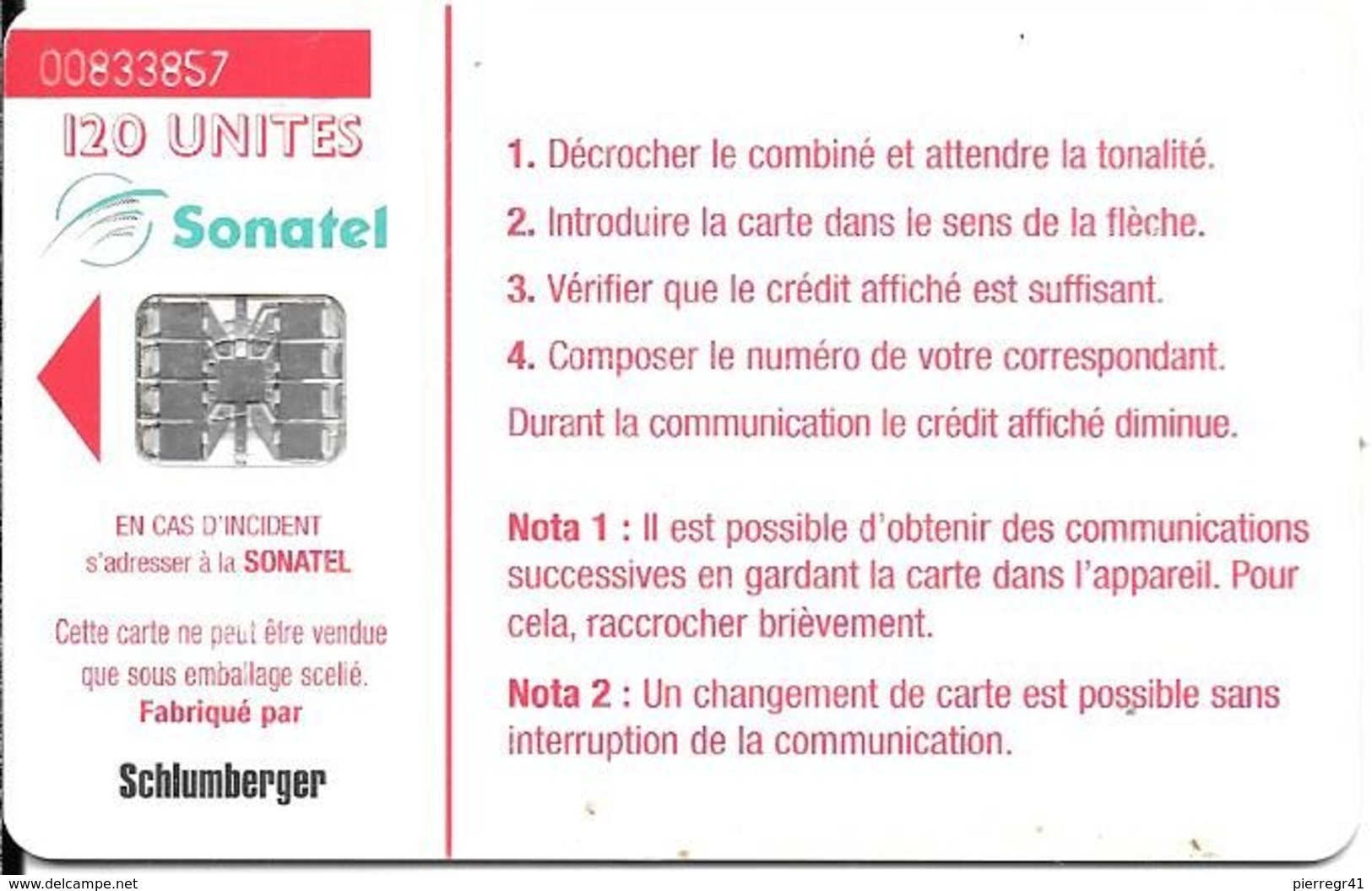 CARTE-SCHLUMBERGER-PUCE-SENEGAL-120U-SC7-SONATEL-BAOBAB Et PICS-BOEUFS-N° V°0083357-UTILISE-BE-RARE- - Senegal