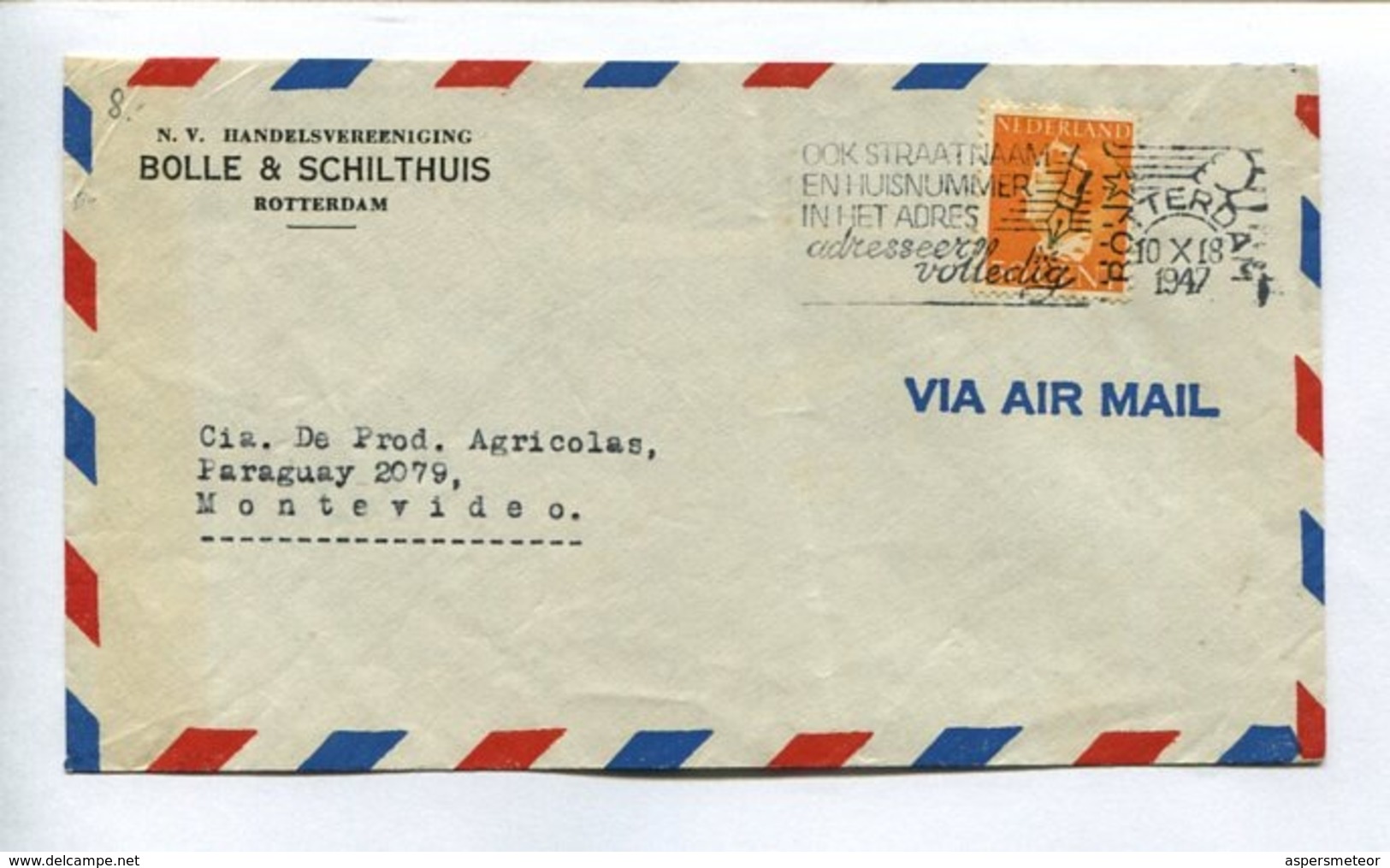 NEDERLAND COMMERCIAL COVER - CIRCULATED FROM ROTTERDAM TO MONTEVIDEO, URUGUAY. YEAR 1947 AIR MAIL -LILHU - Briefe U. Dokumente