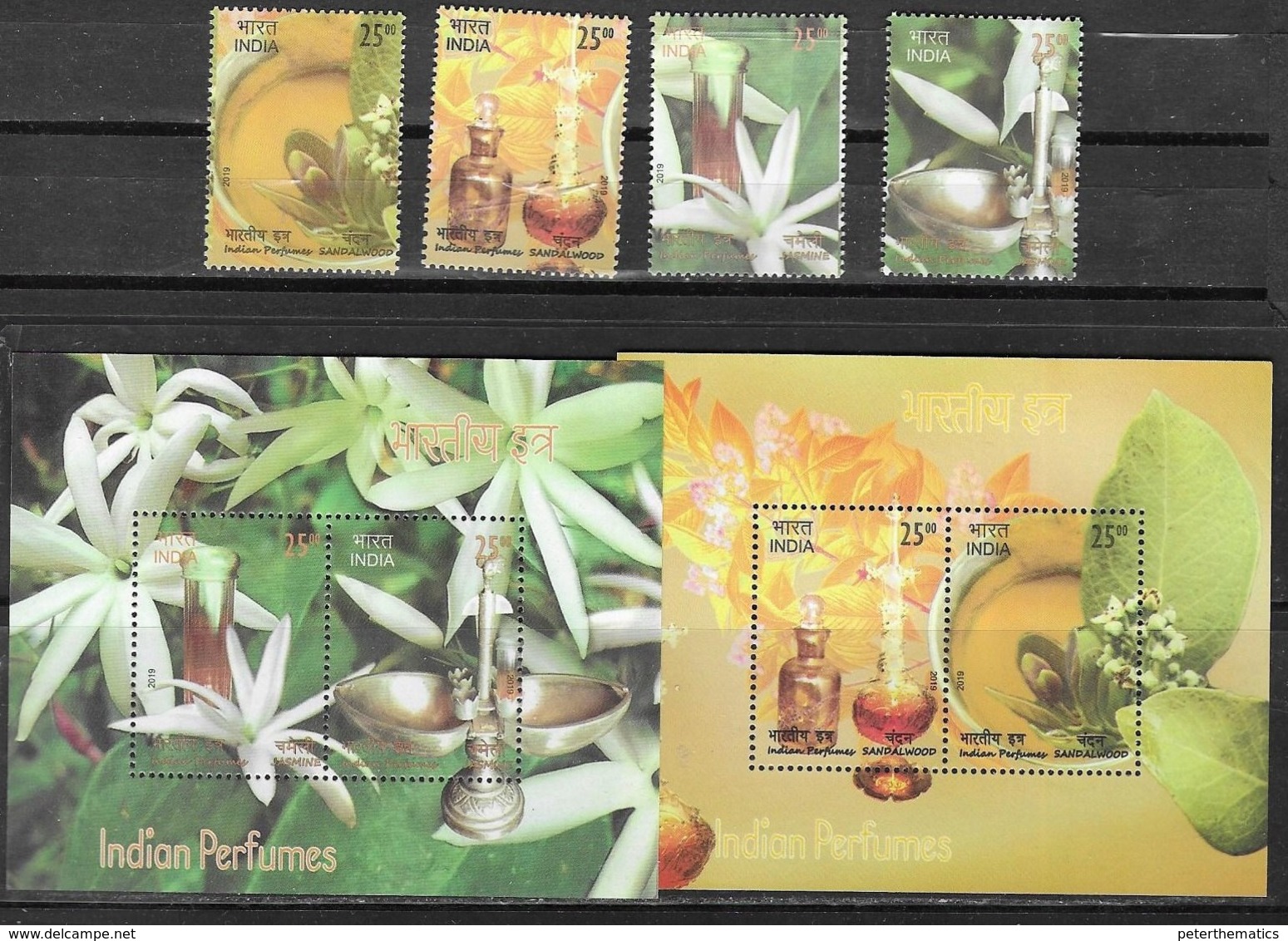 INDIA, 2019, MNH, FLOWERS, PERFUMES, SANDALWOOD, JASMINE, SCENTED STAMPS, 4v+ 2 S/SHEETS - Other & Unclassified