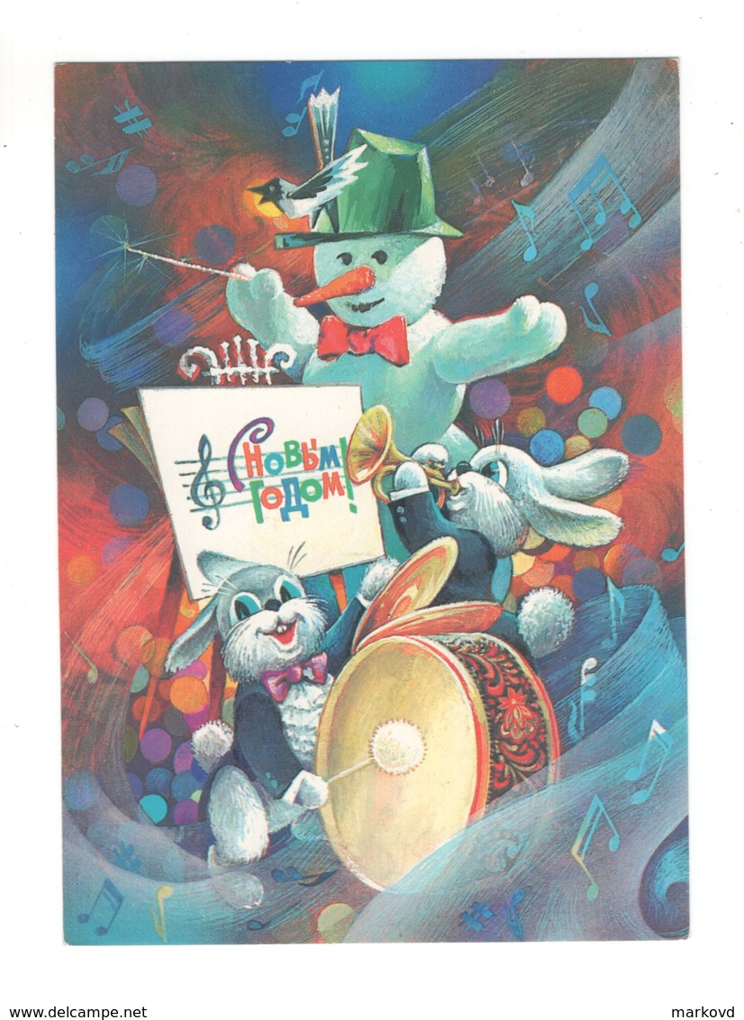 02995 Soviet Russia USSR Happy New Year Snowman Hares Orchestra Treble Clef - Anno Nuovo