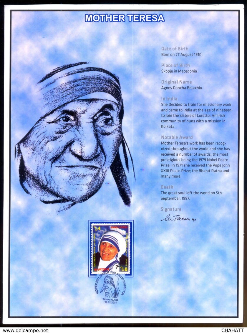 MOTHER TERESA-BIO DATA-2x SOVENIR CARDS- BANGLADESH-2011-GMS-58 - Madre Teresa