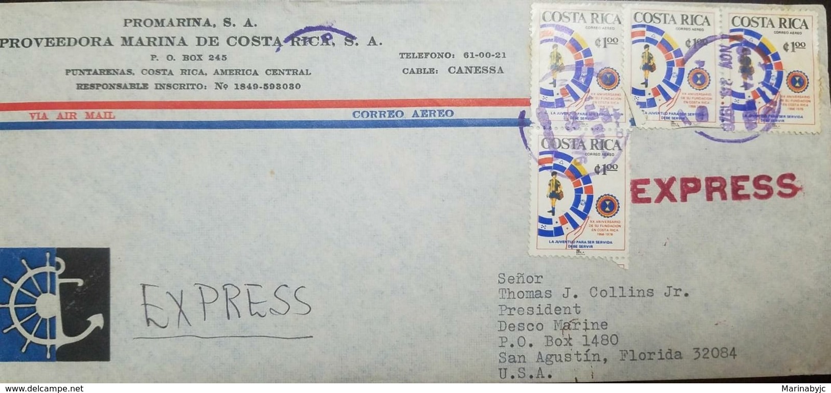 L) 1976 COSTA RICA, FLAG, YOUTH TO BE SERVED MUST SERVE, 1C, EXPRESS, PROMARINA, AIRMAIL, CIRCULATED COVER FROM COSTA - Costa Rica