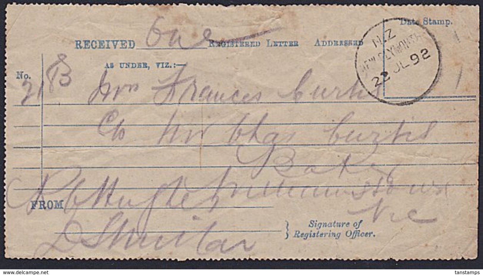 NEW ZEALAND VICTORIAN REGISTERED LETTER ACKNOWLEDGEMENT RECEIPT - Lettres & Documents