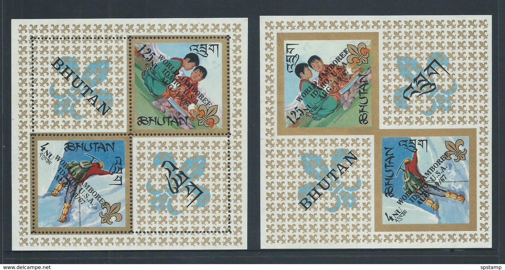 Bhutan 1967 Jamboree Overprints On Scouts Miniature Sheets Perf & Imperf MNH , Small Gum Issues - Bhutan