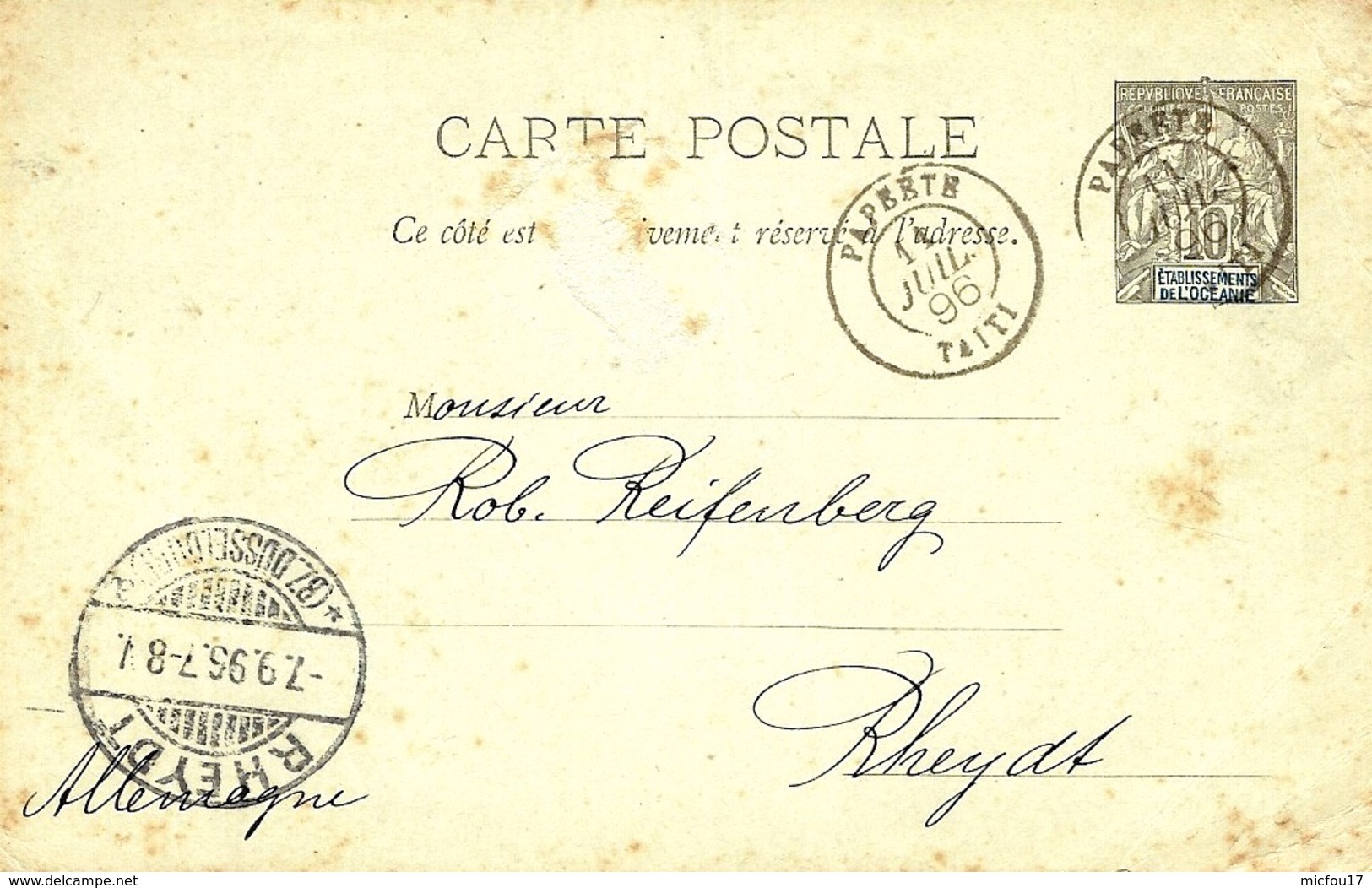 1896 -C P E P 10 C Groupe  Etablissements De L' Oceanie  Oblat. Cad De PAPEETE  / TAITI Pour L'Allemagne - Storia Postale