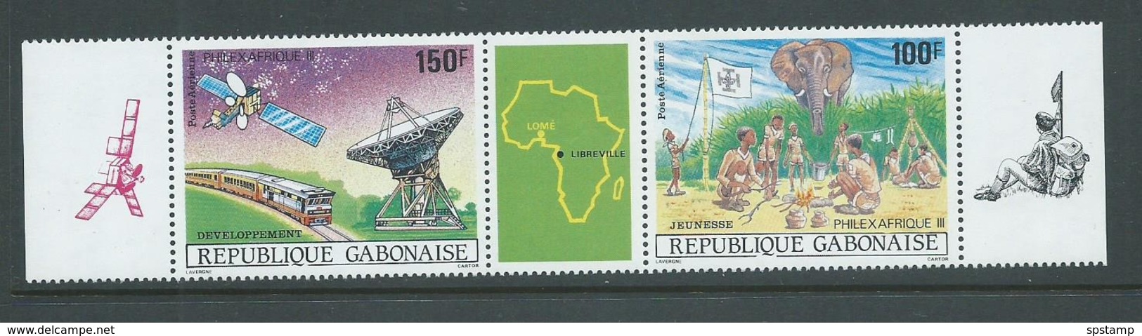 Gabon 1985 Philex Africa Scout & Satellite Strip With Label MNH - Gabon