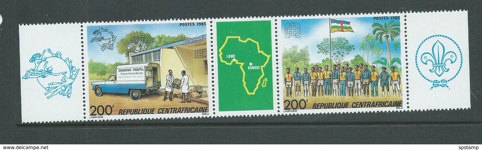 Central African Republic 1985 Philex Africa Scout & Postal Service Strip With Label MNH - República Centroafricana