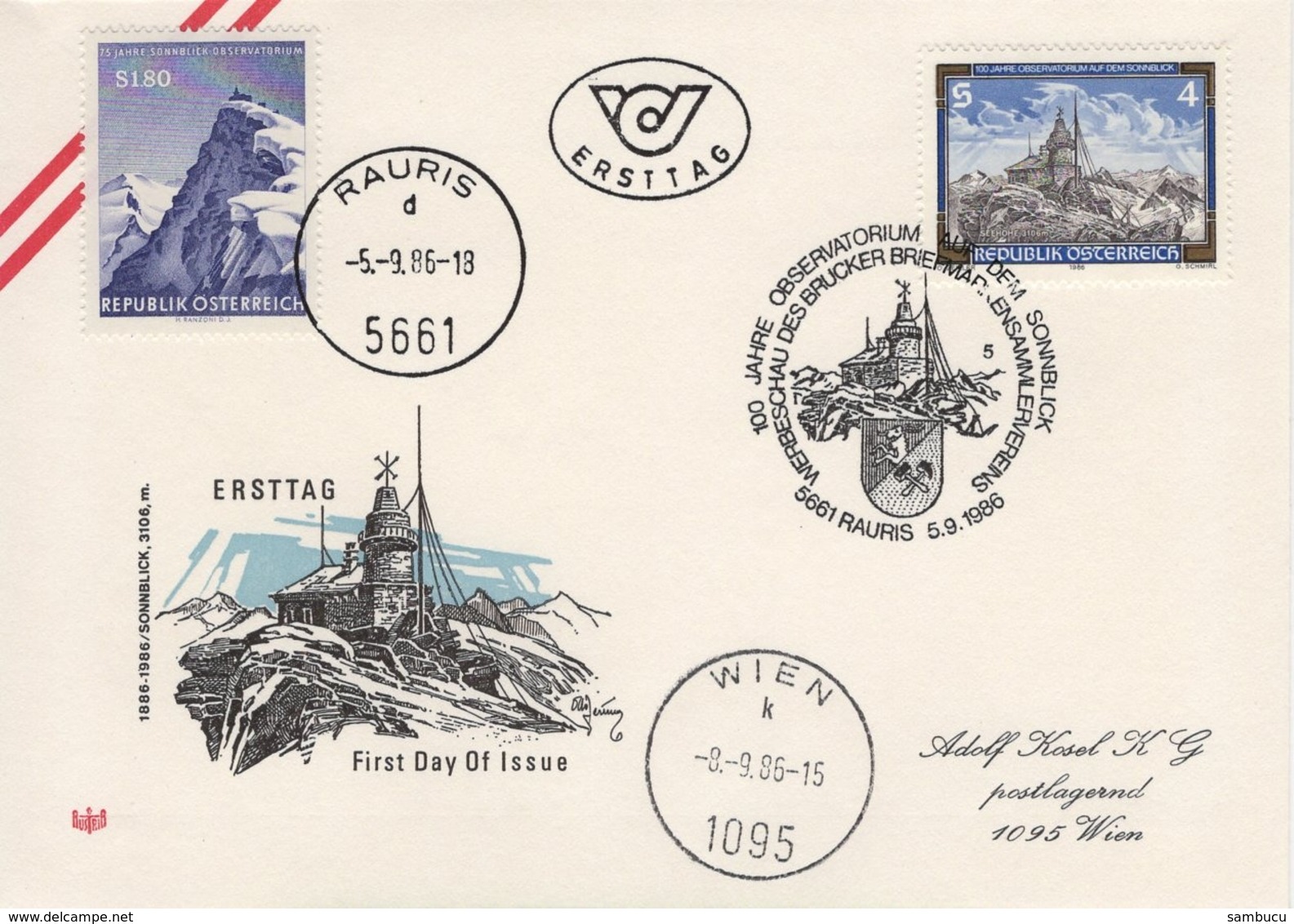 FDC Gelaufen - 100 Jahre Observatorium Auf Dem Sonnblick 5661 Rauris 1986 - FDC