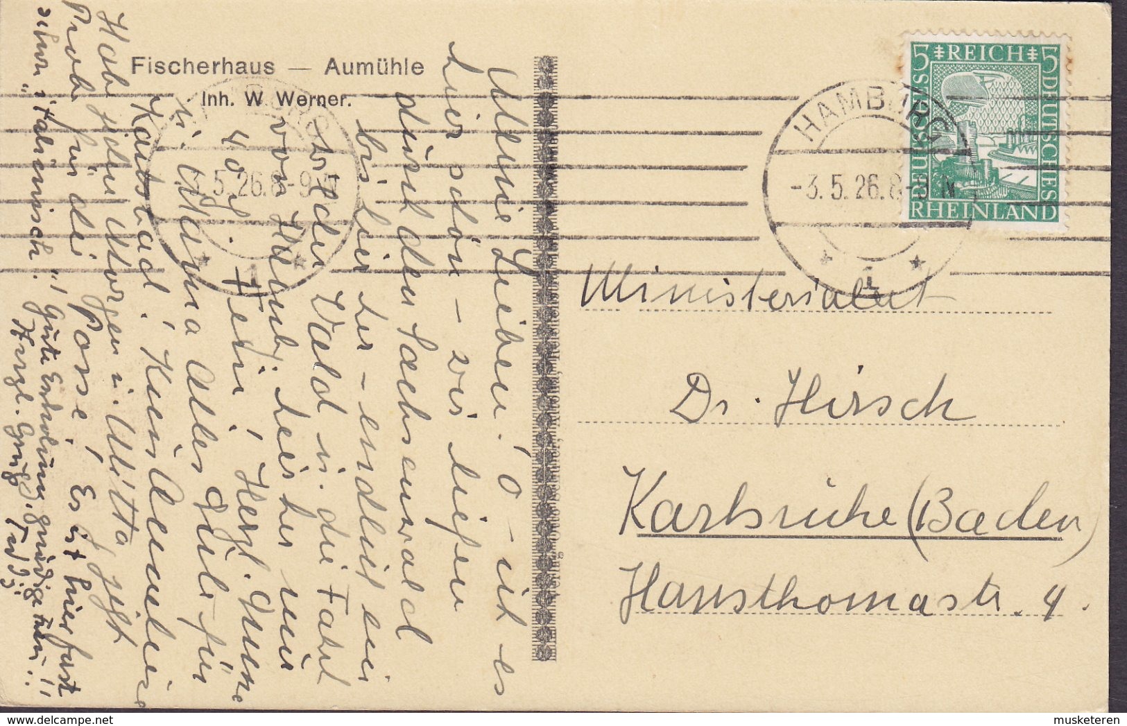 Deutsches Reich PPC Fischerhaus - Aumühle Inh. W. Werner HAMBURG 1926 KARLSRUHE (2 Scans) - Lauenburg