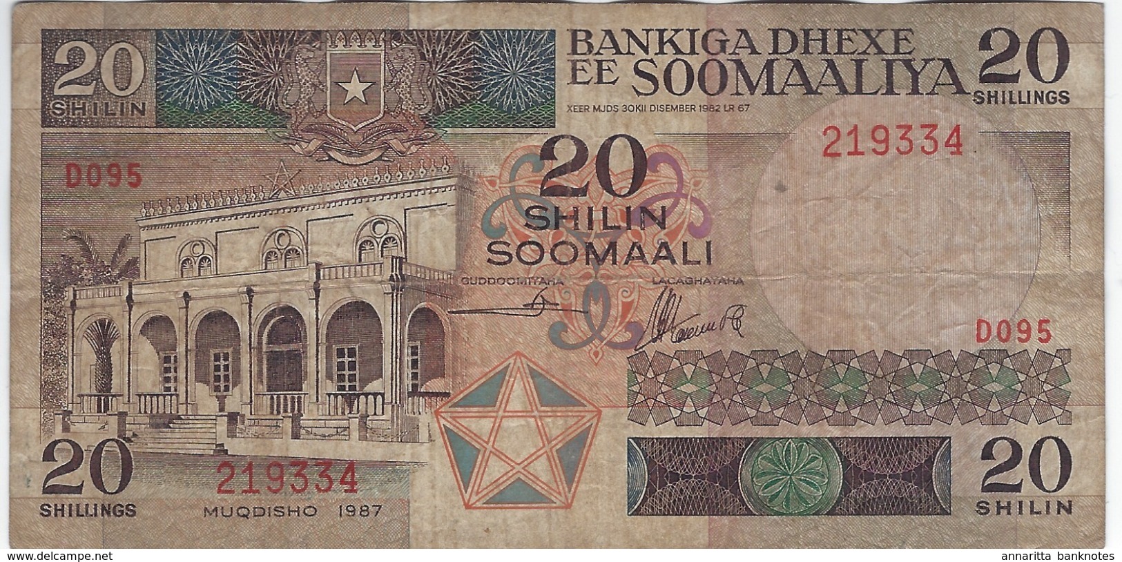 SOMALIA 20 SHILLINGS 1987 P-33c USED S/N 219334 [SO308c] - Somalia