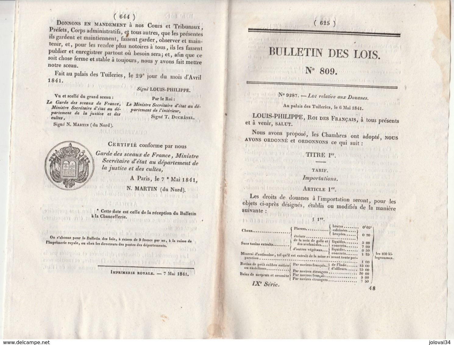 Bulletin Des Lois 809 De 1841 - Loi Relative Aux Douanes ( Dont Corse ) - Communes Aveyron Nièvre Sarthe + 47 - 20 Pages - Decreti & Leggi
