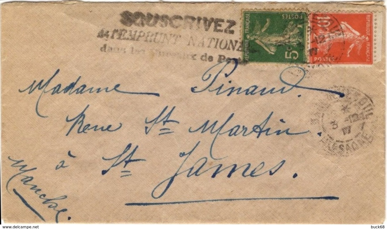 FRANCE 0137 138 (o) Lettre VESOUL (Haute-Saône) => SAINT-JAMES (Manche) Cachet Déc 1917 Flamme Emprunt National [GR] - Storia Postale