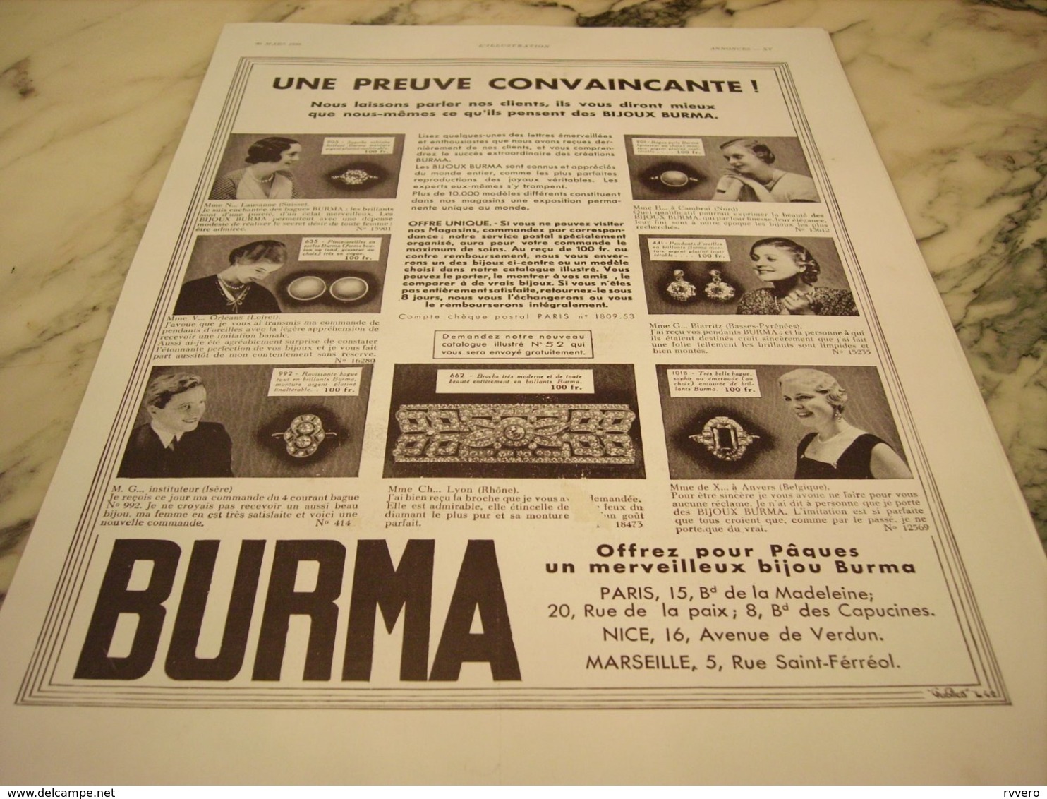 ANCIENNE PUBLICITE PREUVE CONVAINCANTE BIJOU DE  BURMA 1935 - Andere & Zonder Classificatie