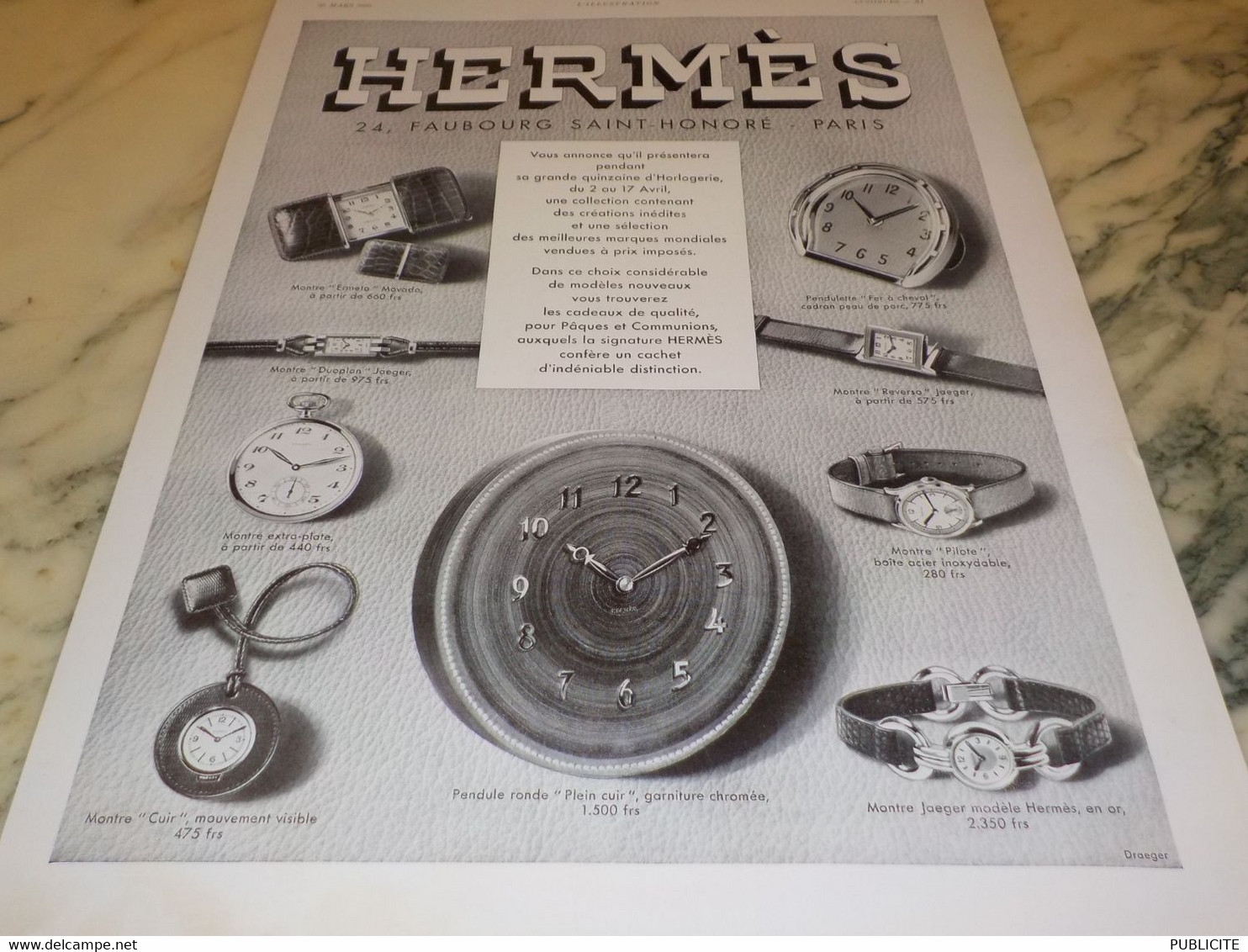 ANCIENNE PUBLICITE MONTRE HERMES 1935 - Andere & Zonder Classificatie