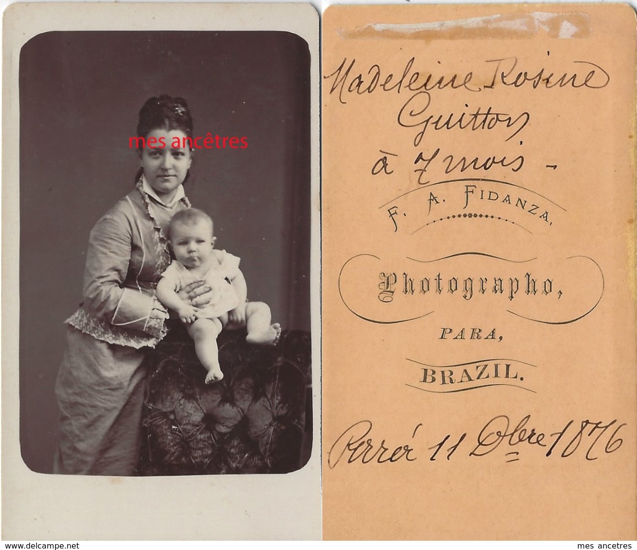 Brésil 1876-Famille GUITTON-CDV Rosine DA SILVA  Ep Paul GUITTON Et Sa Fille Madelein Rosine-photo Fidanza  PARA- Brazil - Alte (vor 1900)