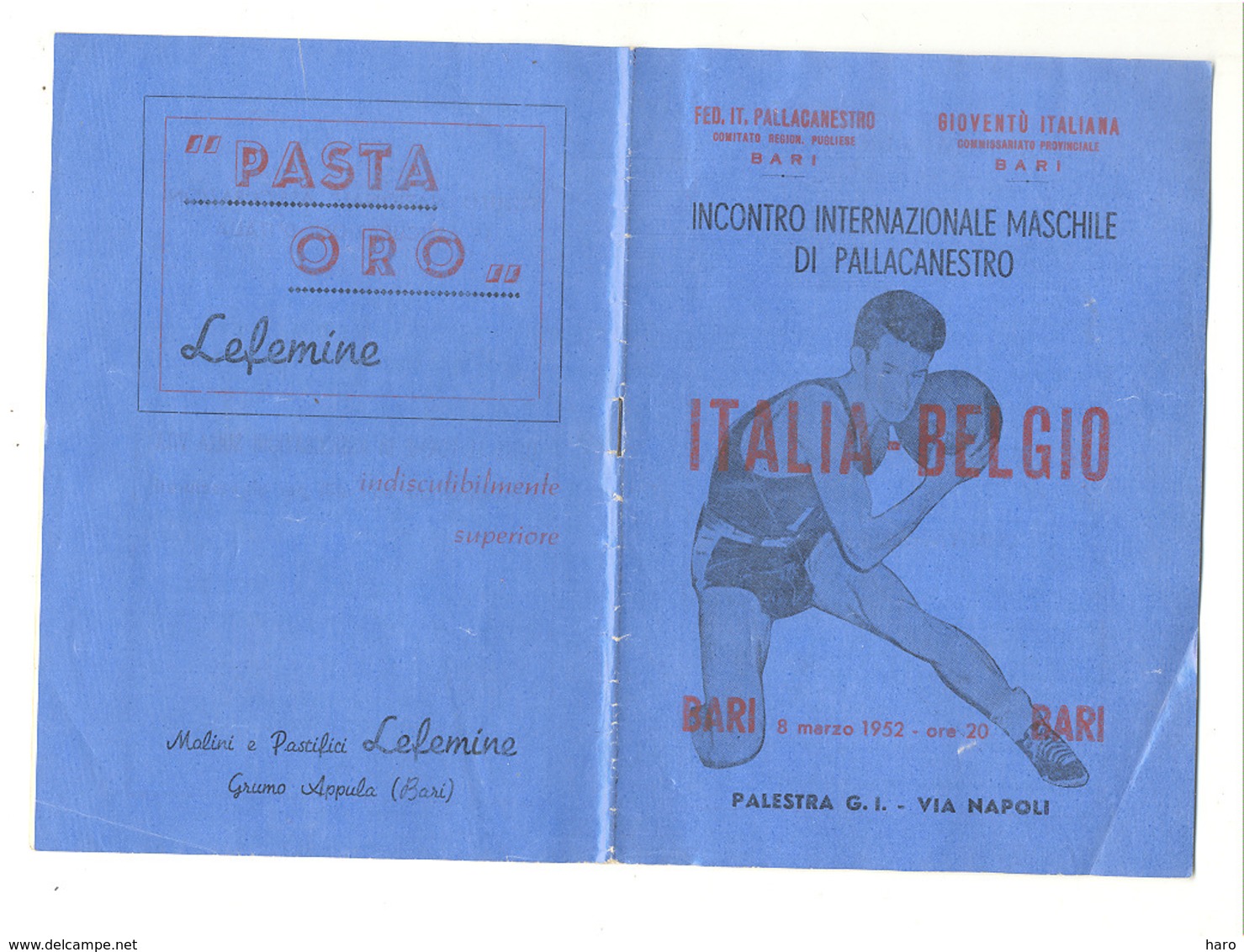 Basket-ball - Rencontre Internationale ITALIA BELGIO à BARI En 1952 - Livret De 14 Pages Avec Publicités (b267) - Programmes