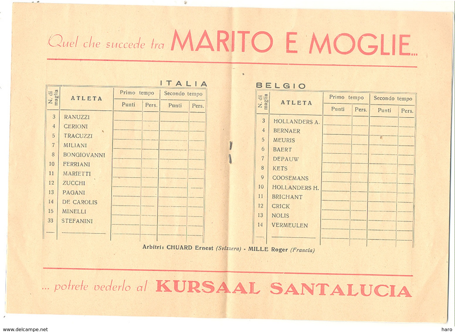 Basket-ball - Rencontre Internationale ITALIA BELGIO à BARI En 1952 - Livret De 14 Pages Avec Publicités (b267) - Programmes
