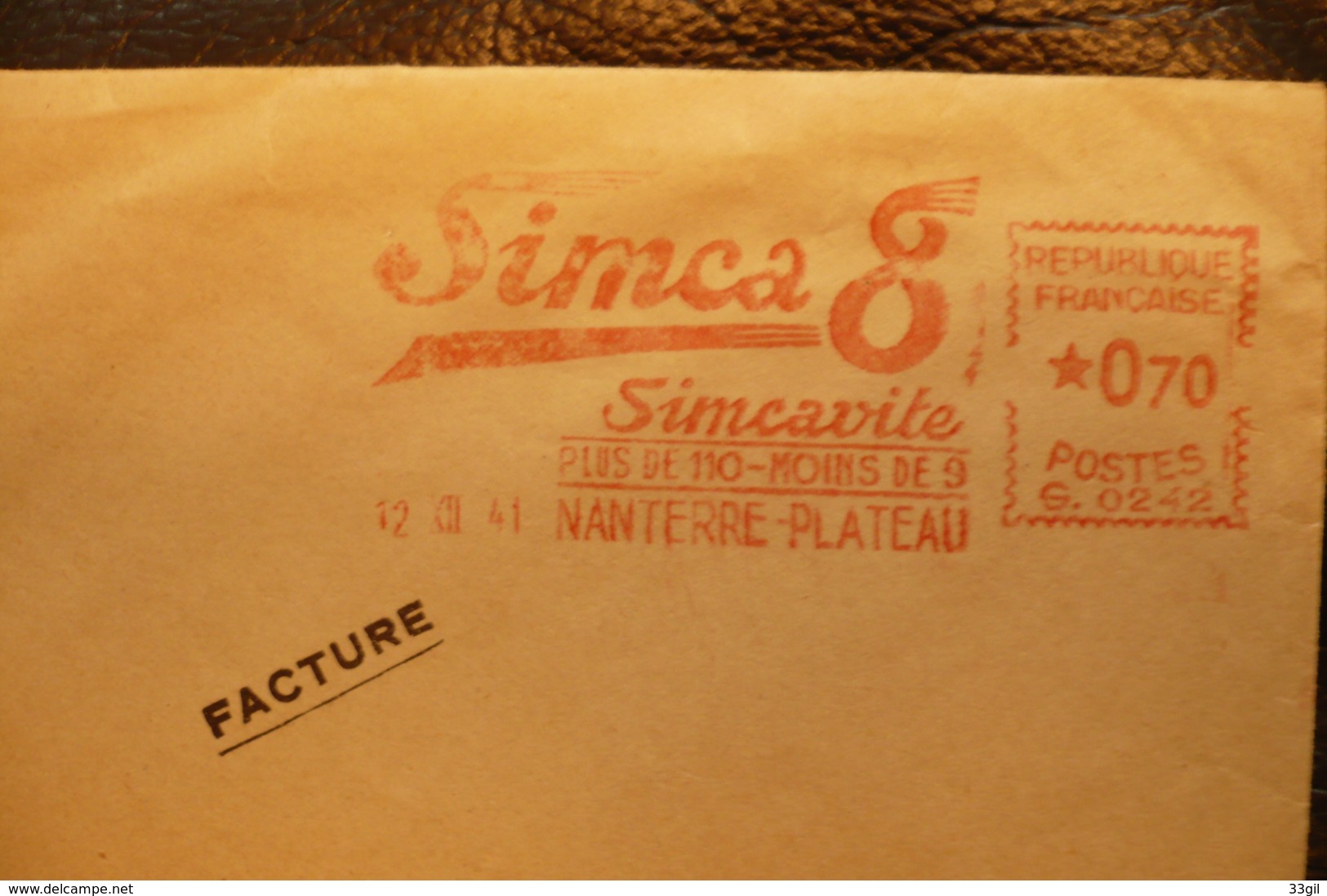 EMA Voitures Simca 8 Sur Lettre France Nanterre 12/12/1941 - Affrancature Meccaniche Rosse (EMA)