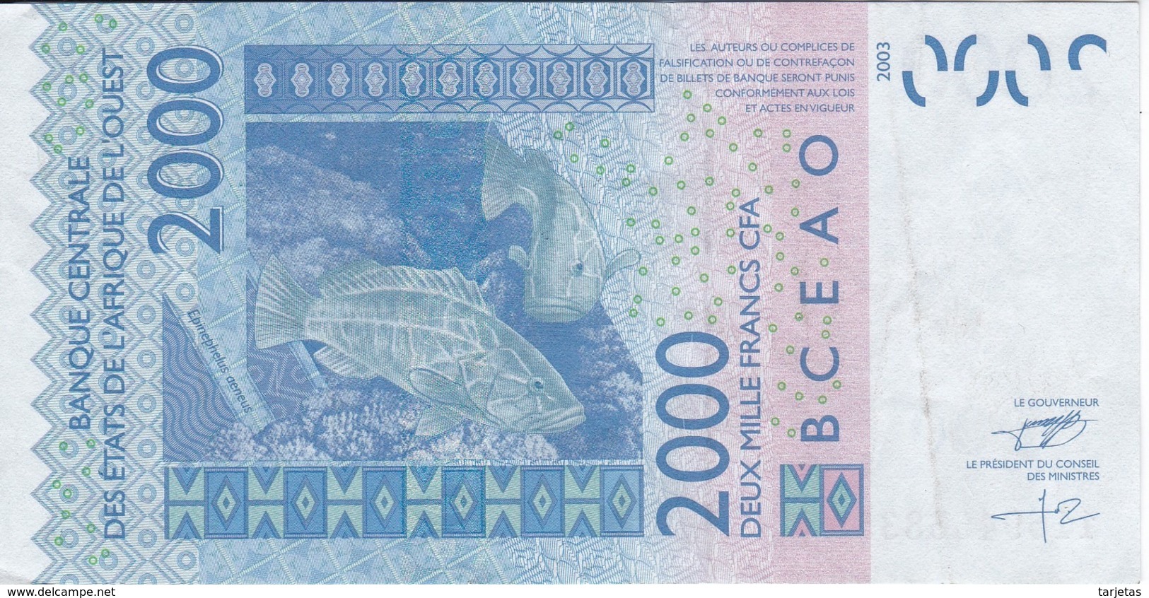 BILLETE DE SENEGAL DE 2000 FRANCS DEL AÑO 2003 (PEZ-FISH) (BANK NOTE) - Senegal