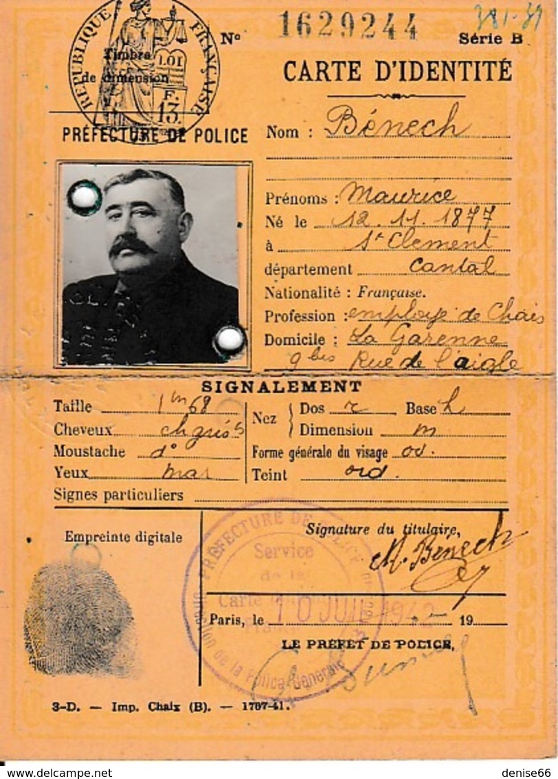 WW2 13 Mai 1943 - COURBEVOIE - ETAT FRANÇAIS  - CARTE D’IDENTITÉ - - Documents Historiques