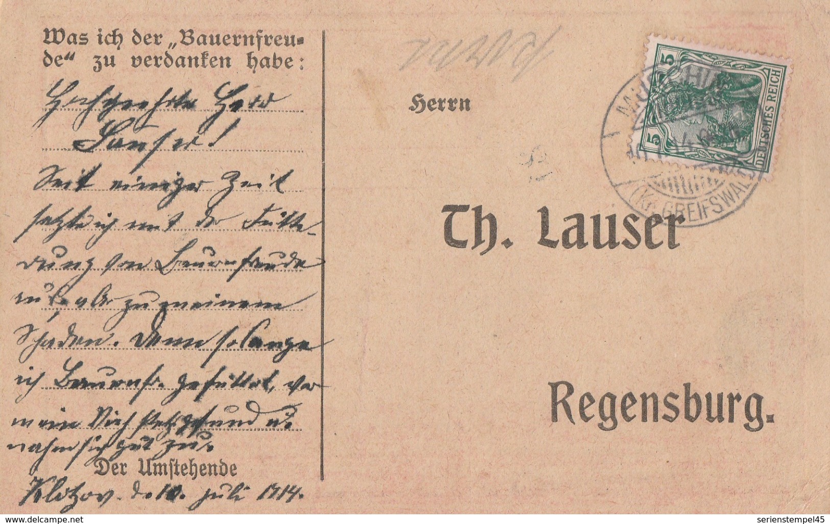 Deutsches Reich Karte Mit Tagesstempel Murchin Kr Greifswald Lk Vorpommern Greifswald 1914 - Briefe U. Dokumente