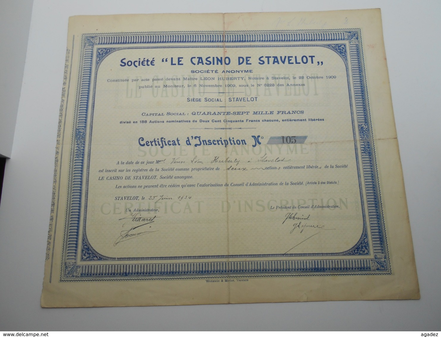 Certificat D'inscription " Casino De Stavelot " N° 105   Année 1934 - Casino'