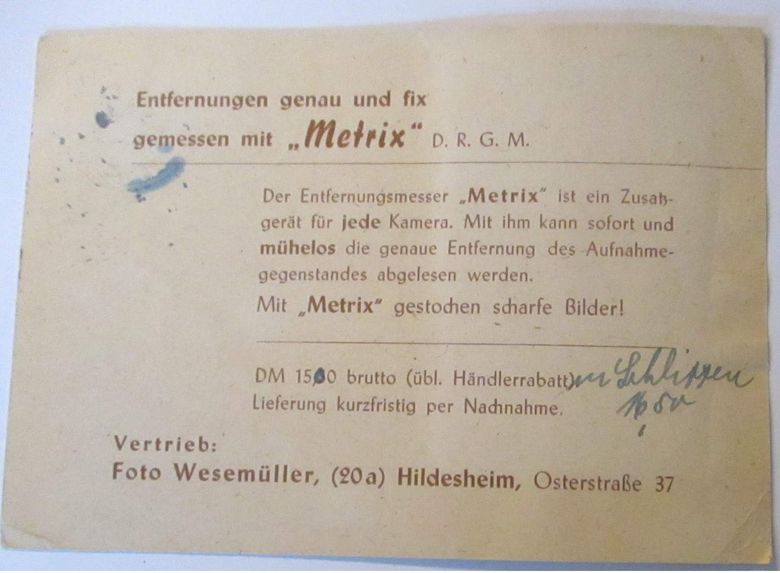 Foto Film Werbung Reklame, Entfernungsmesser Metrix, Hildesheim 1949 (71502) - Fotografie