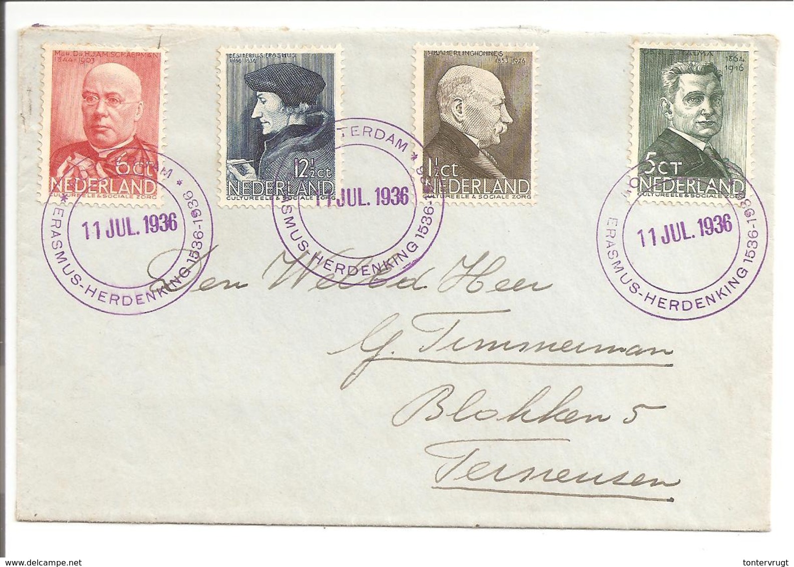 Zomersegels 1936 HC283-HC286. Speciaal Stempel Erasmusherdenking 11.7.36 - Briefe U. Dokumente