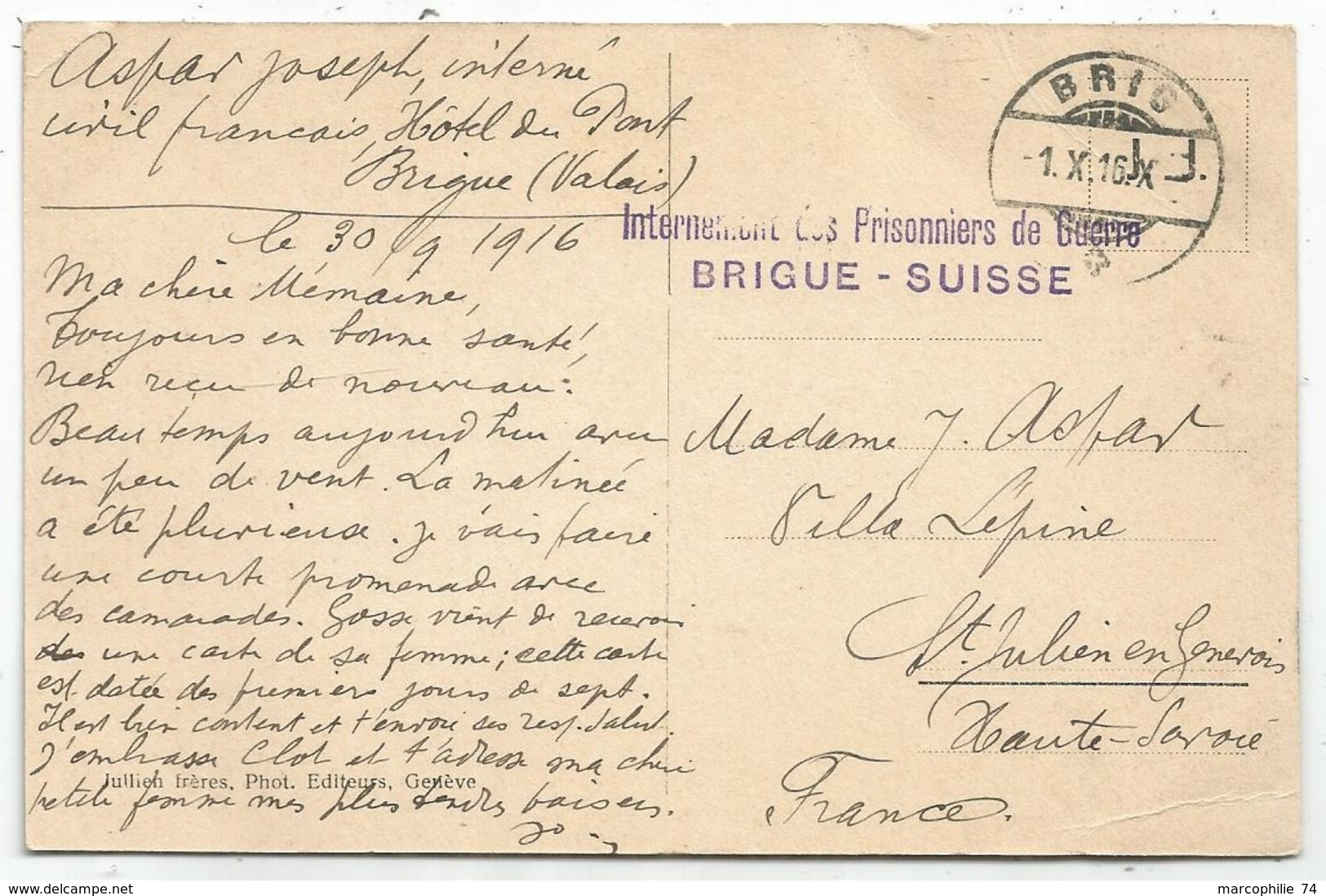 GRIFFE INTERNEMENT DES PRISONNIERS DE GUERRE BRIGUE SUISSE 1916 CARTE BRIG POUR HAUTE SAVOIE - Oorlog 1914-18