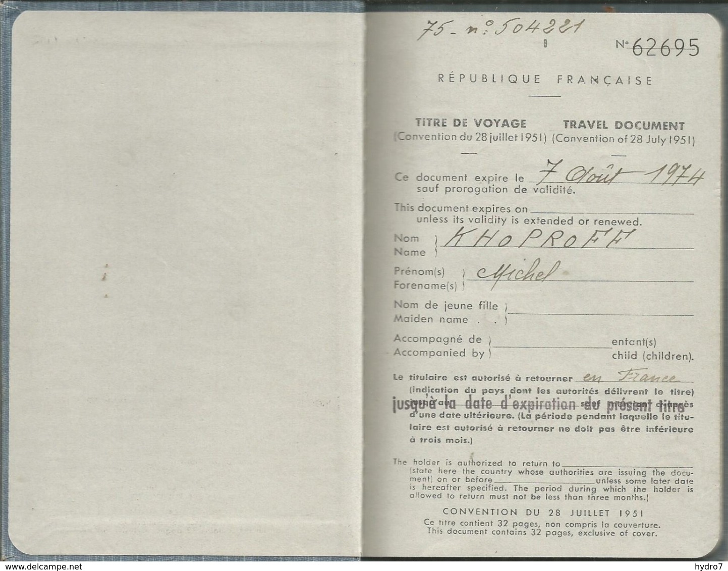 France 1972 Passport For Refugee From Russia Passeport Reisepass Titre De Voyage Convention Of 28 July, 1951 Revenues - Historical Documents