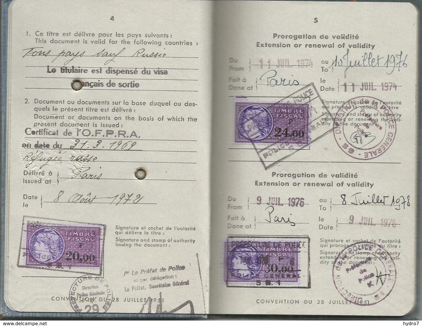 France 1972 Passport For Refugee From Russia Passeport Reisepass Titre De Voyage Convention Of 28 July, 1951 Revenues - Documents Historiques