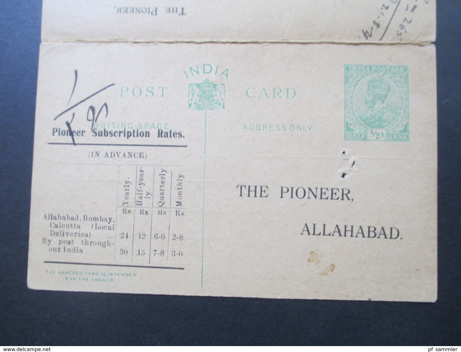 GB Kolonie Indien 1929 GA / Doppelkarte mit Vordruck an Director Genl of Police Decan / Allahabad Interessante Karte!!