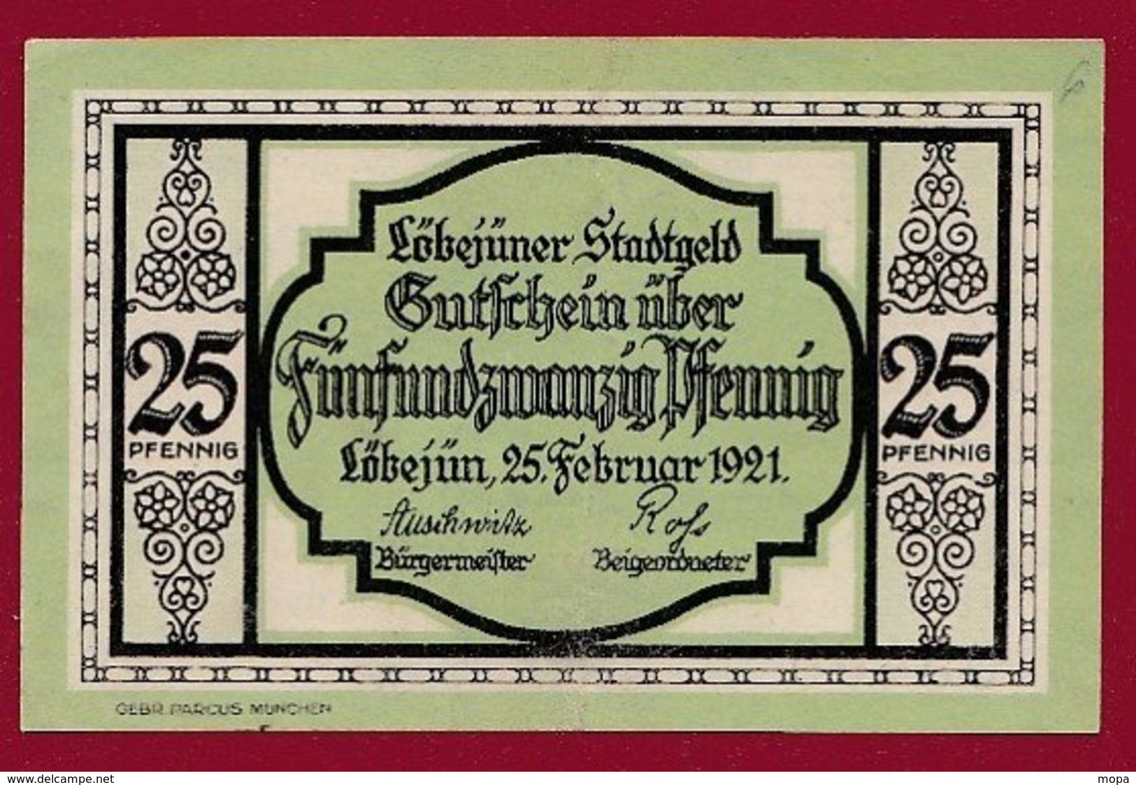 Allemagne 1 Notgeld  De 25 Pfenning Stadt  Löbejuner (RARE )   Dans L 'état N° 4921 - Colecciones