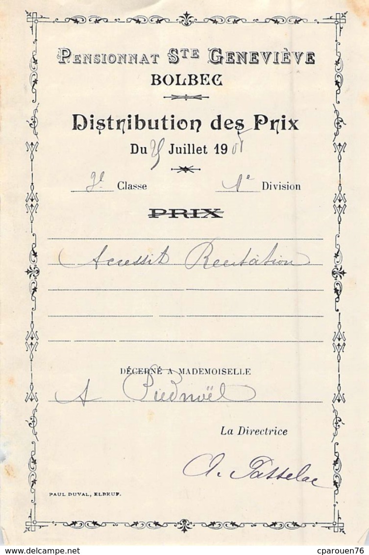 Distribution De Prix Pension Sainte Geneviève Bolbec 1908 Prix De Récitation Piednoël - Non Classés