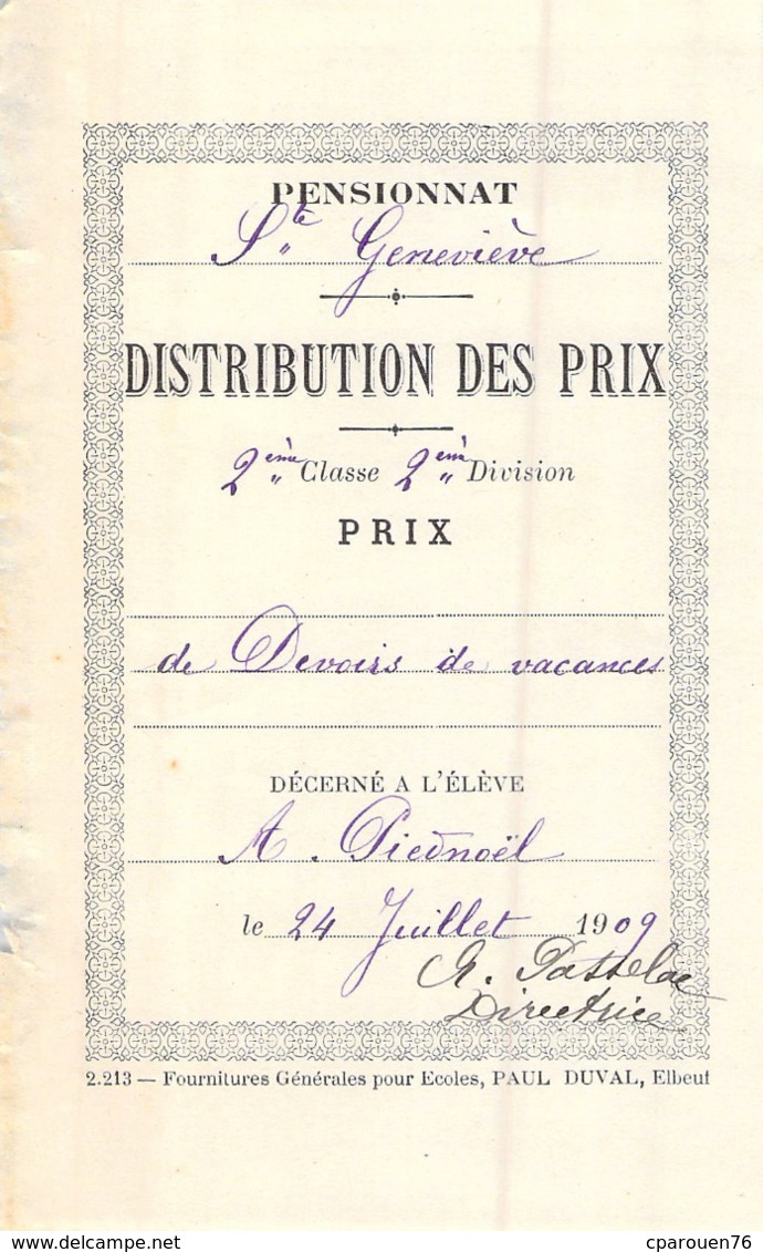 Distribution De Prix Pension Sainte Geneviève Bolbec 1909 Prix De Devoirs De Vacances  Piednoël - Non Classés