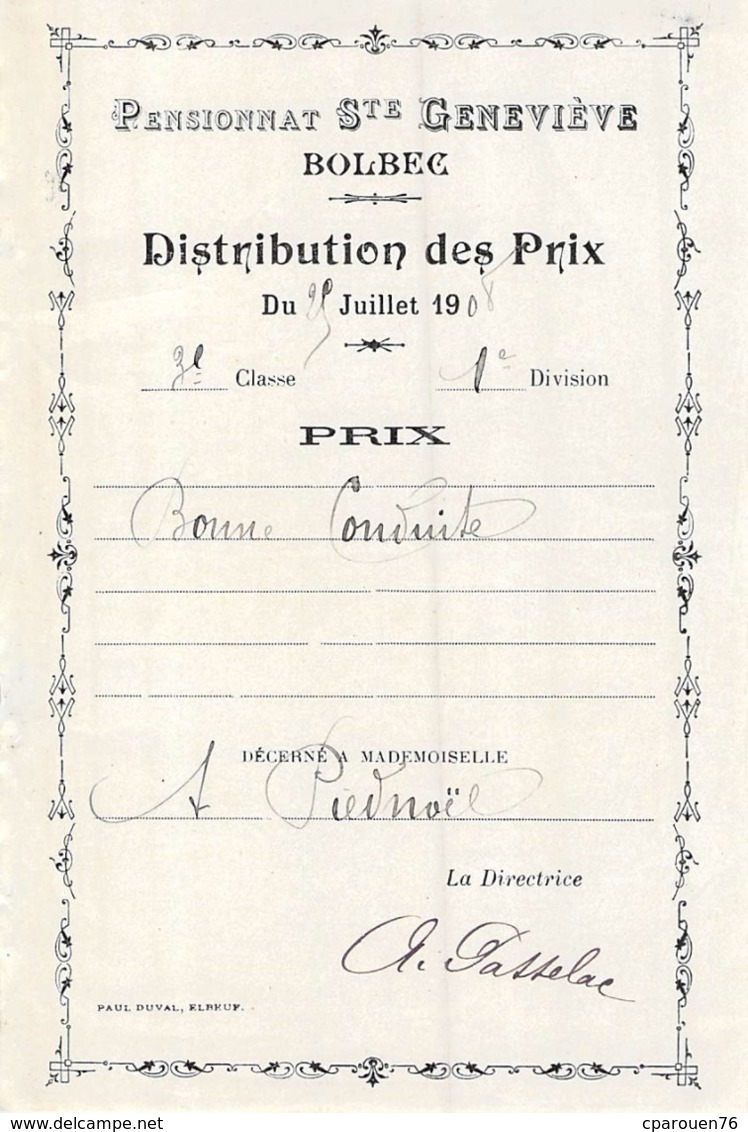 Distribution De Prix Pension Sainte Geneviève Bolbec 1909 Prix De Bonne Conduite   Piednoël - Non Classificati