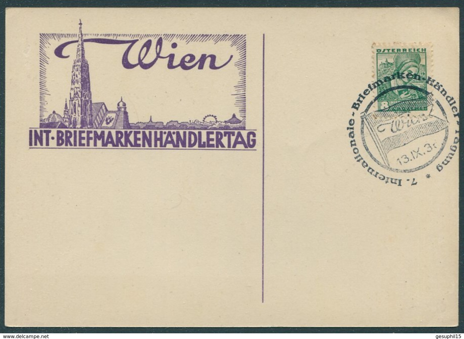 ÖSTERREICH / Karte Internationaler Briefmarkenhändlertag Wien Mit ANK 572 Und Sonderstempel Vom 13. IX 36 - Briefe U. Dokumente