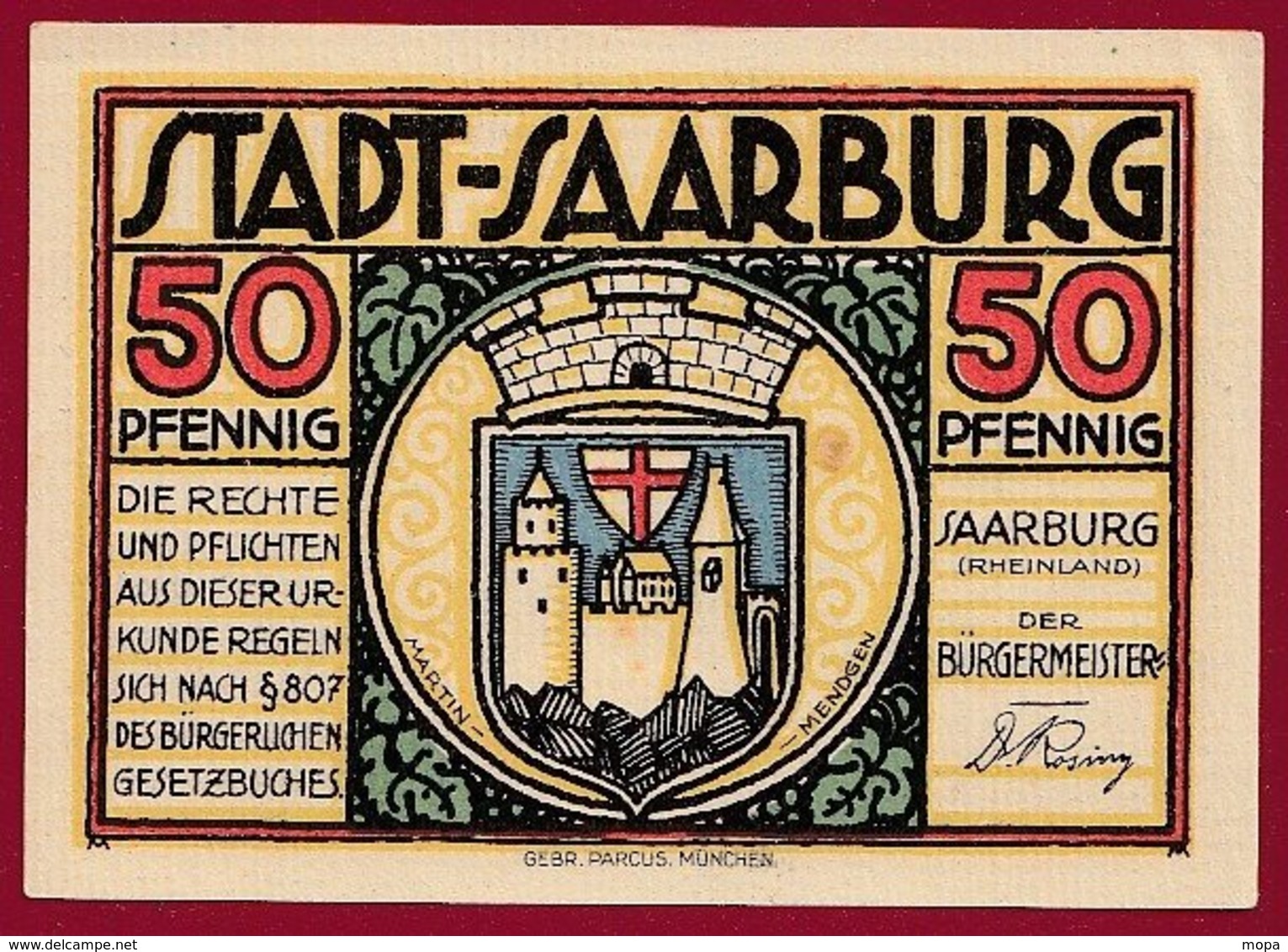 Allemagne 1 Notgeld  De 50 Pfenning Stadt  Saarburg  (RARE )   Dans L 'état N° 4931 - Colecciones