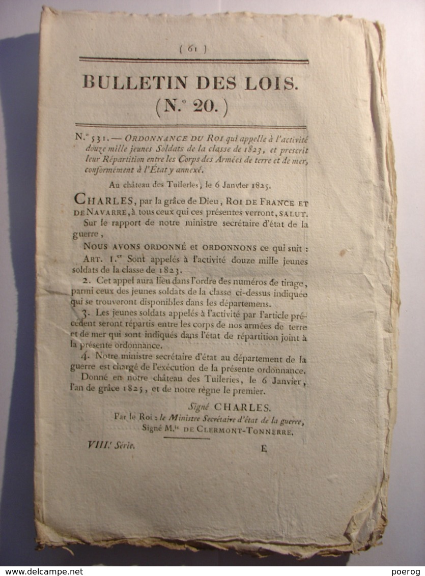 BULLETIN DES LOIS 1825 - MILITAIRE ARMEE CLASSE DE 1823 - ABATTOIR PUBLIC NIMES - PRUD'HOMMES CALAIS - SAINT JUST MARNE - Decretos & Leyes