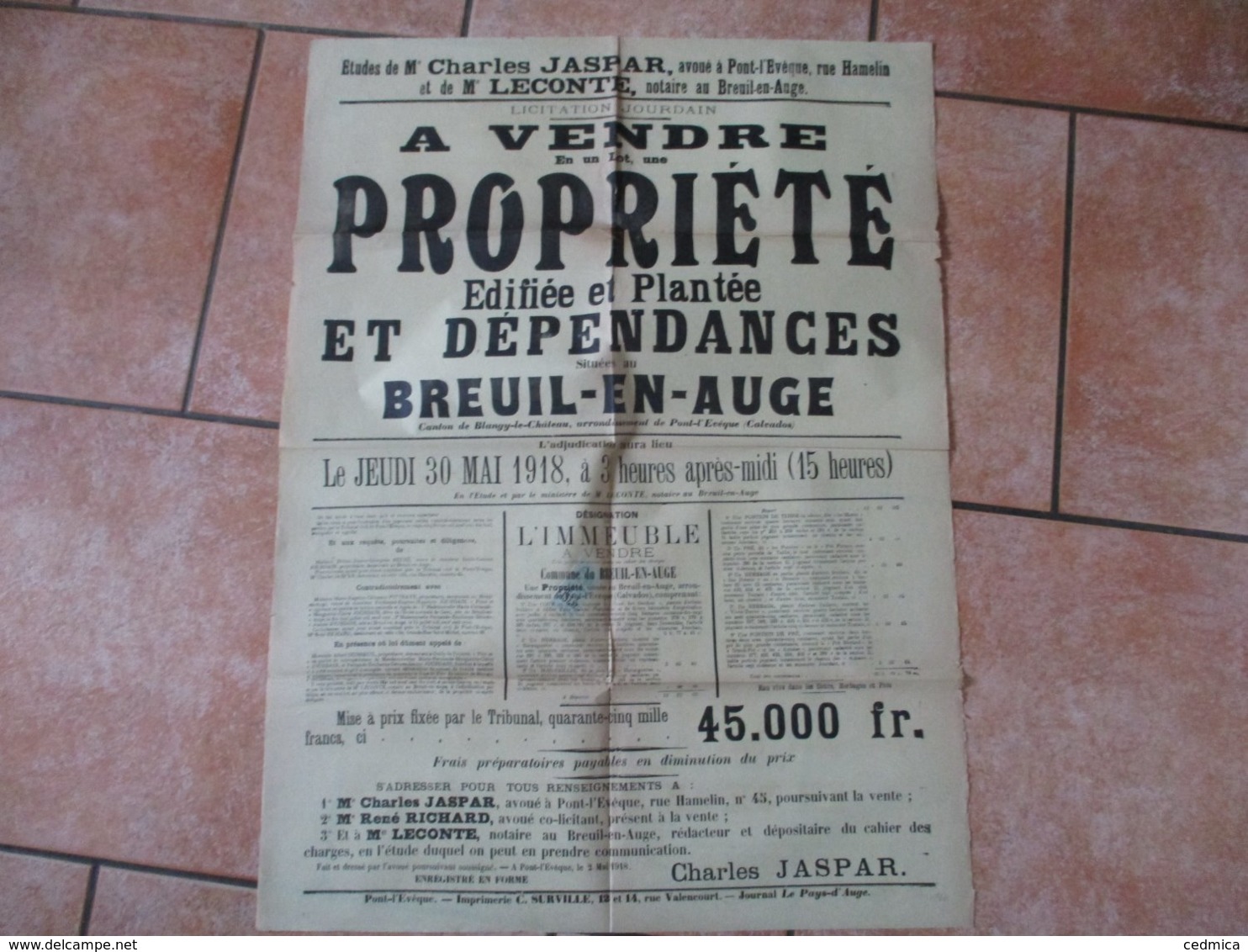 BREUIL EN AUGE LE 30 MAI 1918 LICITATION JOURDAIN A VENDRE PROPRIETE EDIFIEE ET PLANTEE ET DEPENDANCES 84cm/60cm - Affiches