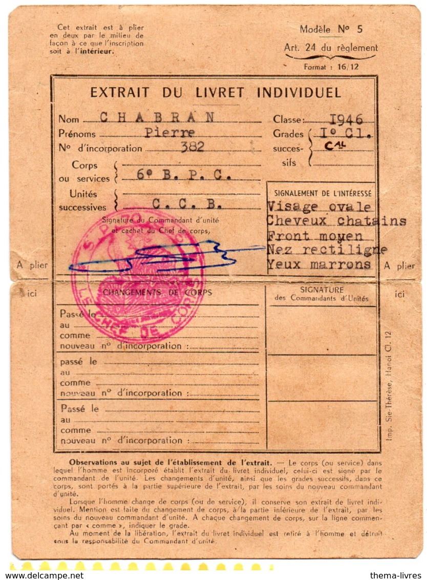 Extrait Du Livret Individuel Avec Cachet Militaire  (PPP20864) - Documents