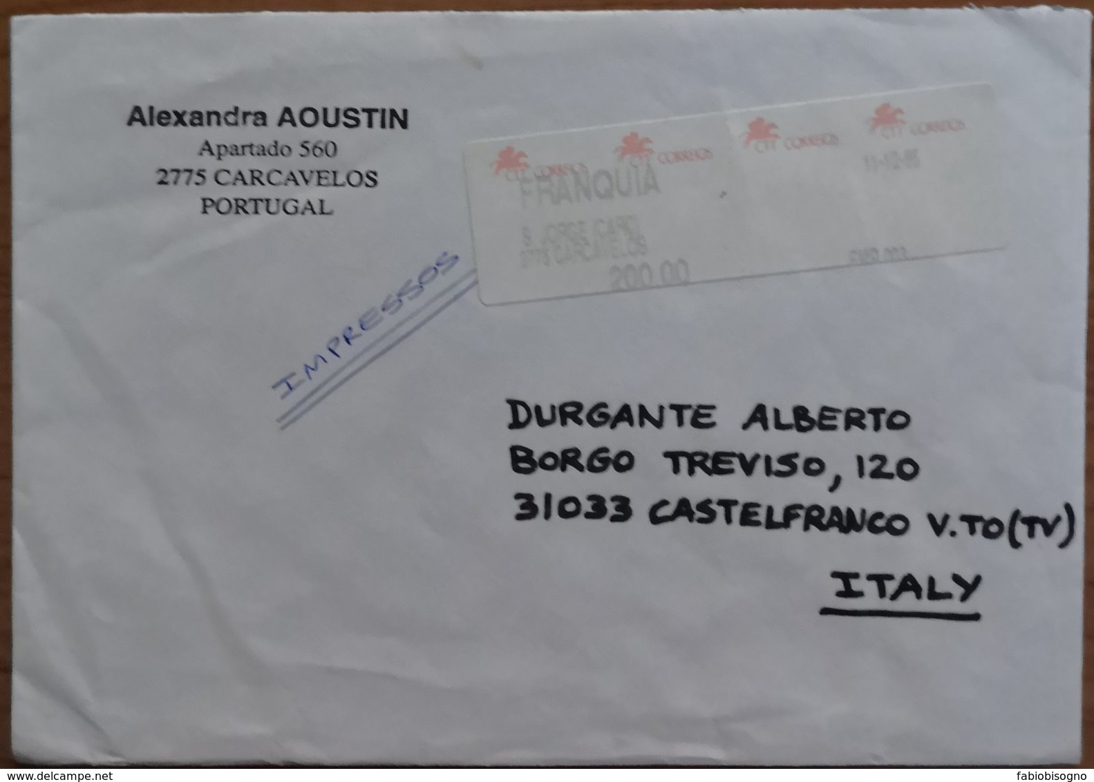 1995 Portugal  - S. Jorge Carcavelos - Franquia 200.00 (EMP 003) -  Used Stamp On Cover To Italy - Cartas & Documentos