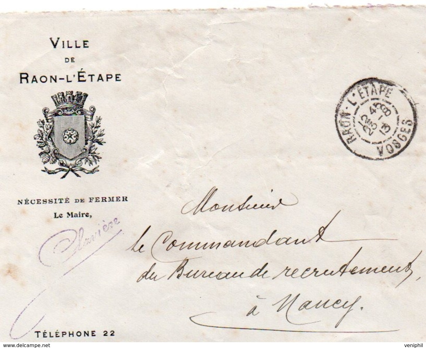 LETTRE ENTETE VILLE DE RAON L'ETAPE- VOSGES -  AVEC CAD DU 23-8-1913 - 1877-1920: Semi-moderne Periode